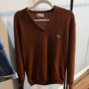 Vintage Lacoste Men's V-Neck Sweater in Rich Brown